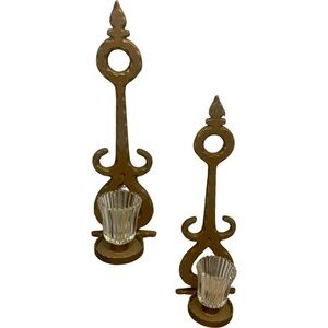 Vintage Mid Century Modern Brass Gold Metal Wall Candle Holders Glass Sconces